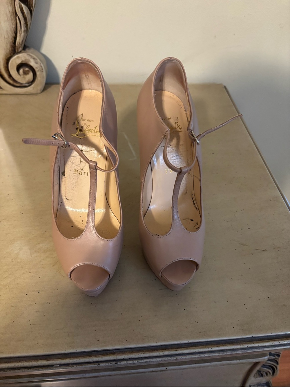 Christian Louboutin Nude Pink Peep-Toe T-Strap Heels